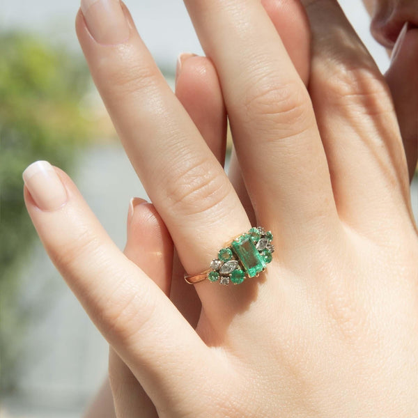 Vintage 1960s 1.50ct Emerald & Diamond 16 Carat Yellow Gold Ring