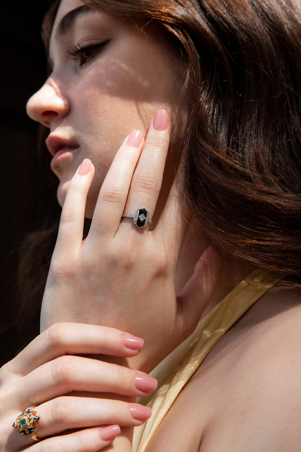 Harper Black Onyx & Diamond Cluster Ring 9ct Gold* DRAFT Rings Imperial Jewellery 