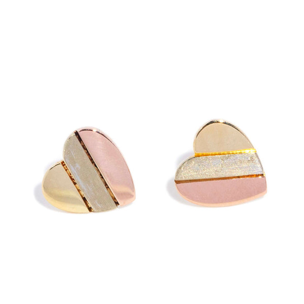 Harper Contemporary Diagonal Heart Shaped Stud Earrings 9ct Three Tone Gold Earrings Imperial Jewellery 