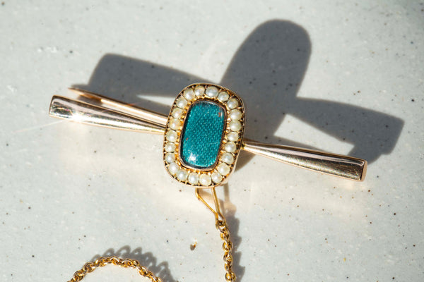 Hattie 1930s Silk & Seed Pearl Bar Brooch 15ct Gold Brooches Imperial Jewellery 