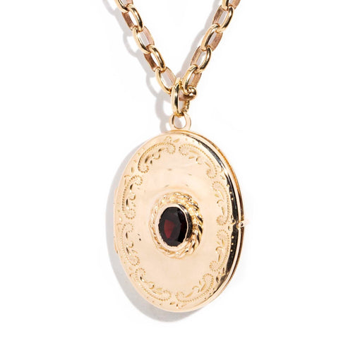 Haven Garnet Engraved Oval Locket 9K Yellow Gold