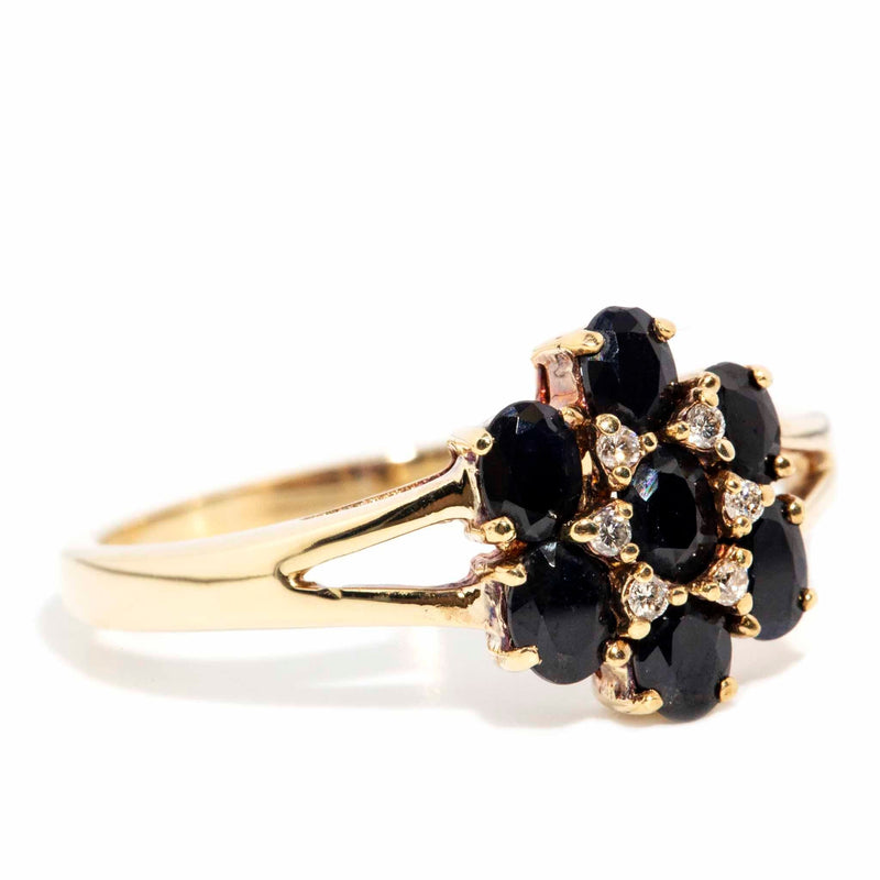 Hedy 1980s Sapphire & Diamond Cluster Ring 9ct Gold Rings Imperial Jewellery 