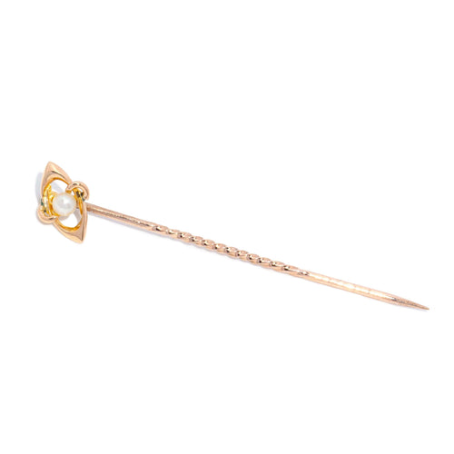 Henrietta Art Deco Pearl Openwork Hatpin 15K Yellow Gold