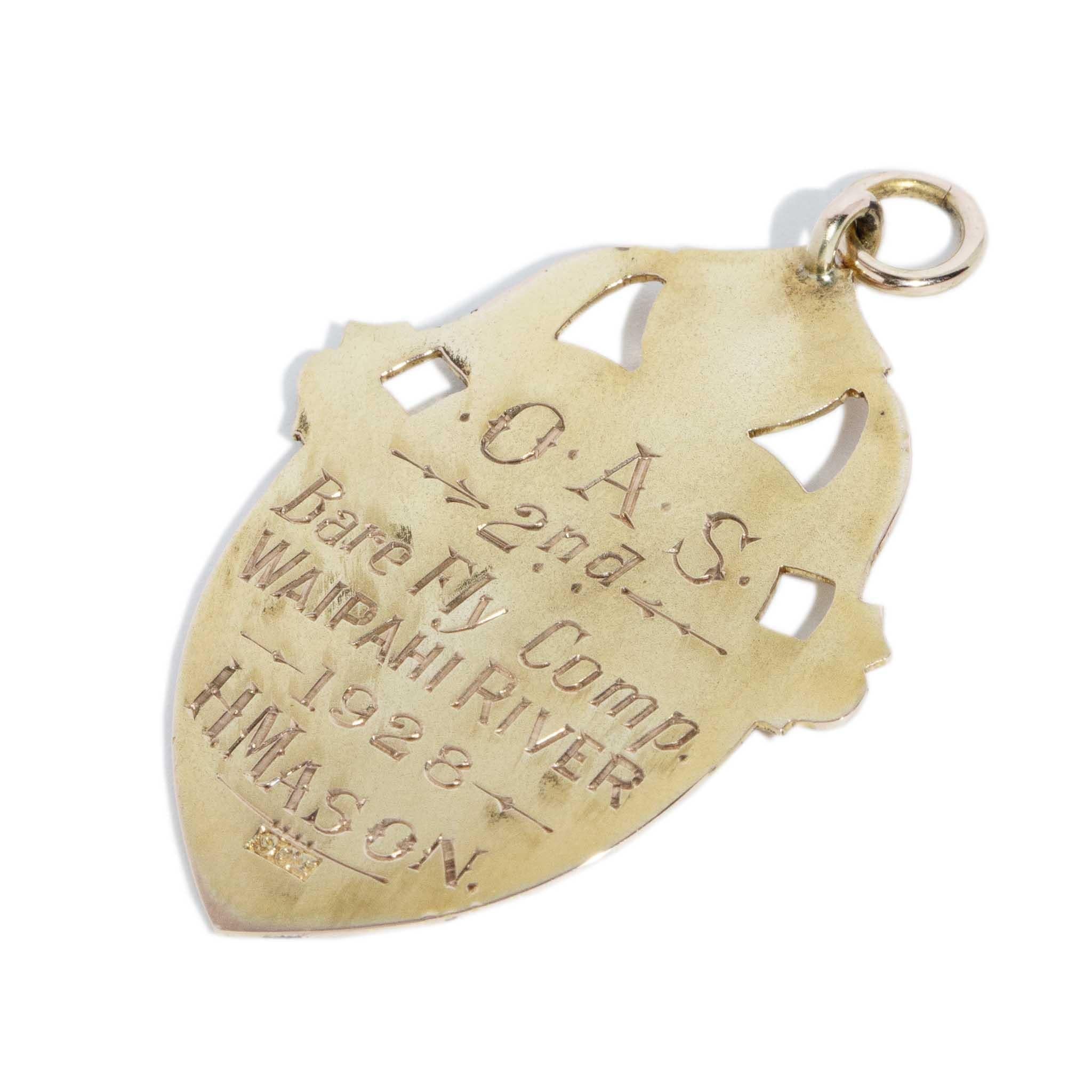 Vintage 1928 Shield Award Pendant 9 Carat Yellow Gold