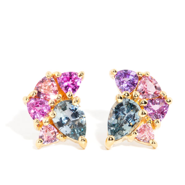 "Hope's Embrace" 2.55 Carat Ceylon Sapphire Cluster Studs 18 Carat Yellow Gold Earrings Imperial Jewellery 
