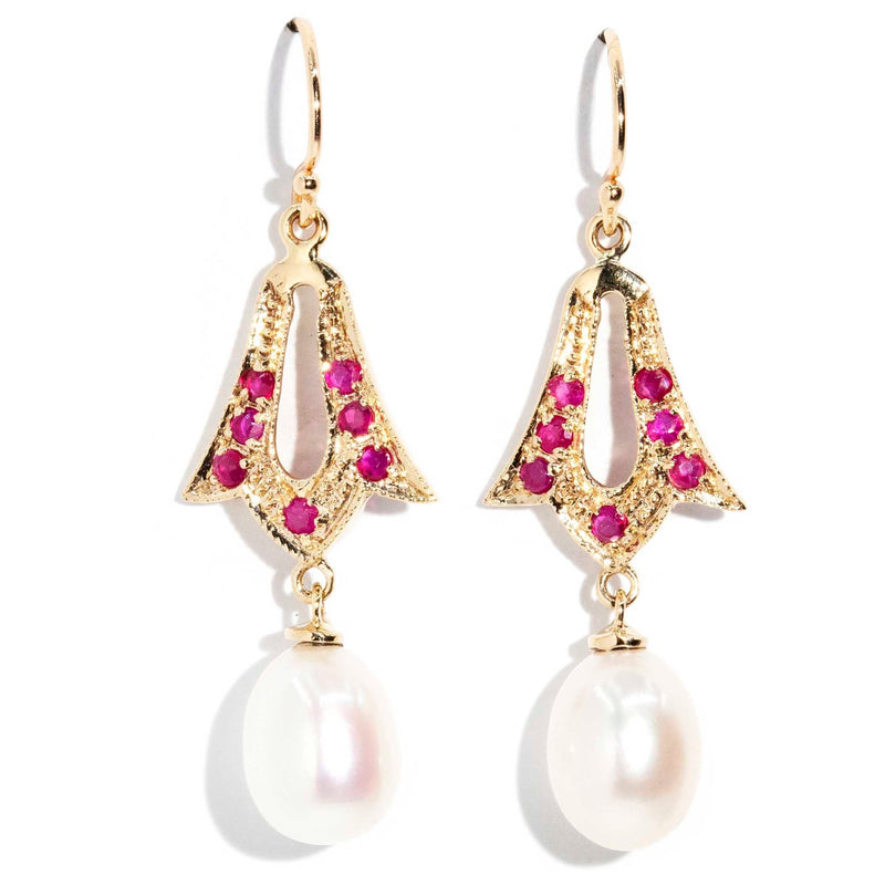 Hyacinth Ruby & Pearl Drop Earrings 9ct Gold Earrings Imperial Jewellery 