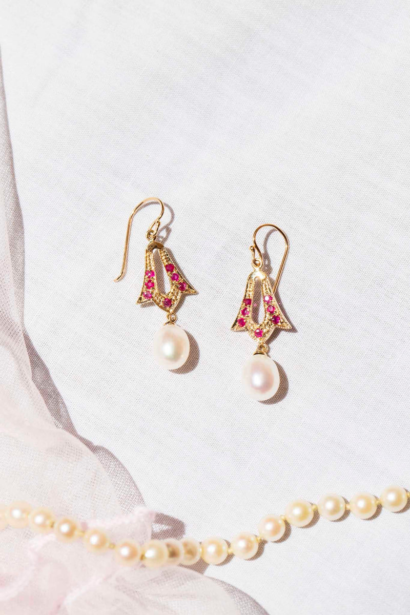 Hyacinth Ruby & Pearl Drop Earrings 9ct Gold Earrings Imperial Jewellery 