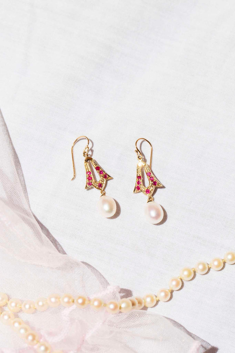 Hyacinth Ruby & Pearl Drop Earrings 9ct Gold Earrings Imperial Jewellery 