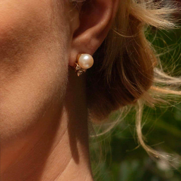 Ida 1980s Pearl & Diamond Earrings 18ct Gold Earrings Imperial Jewellery 
