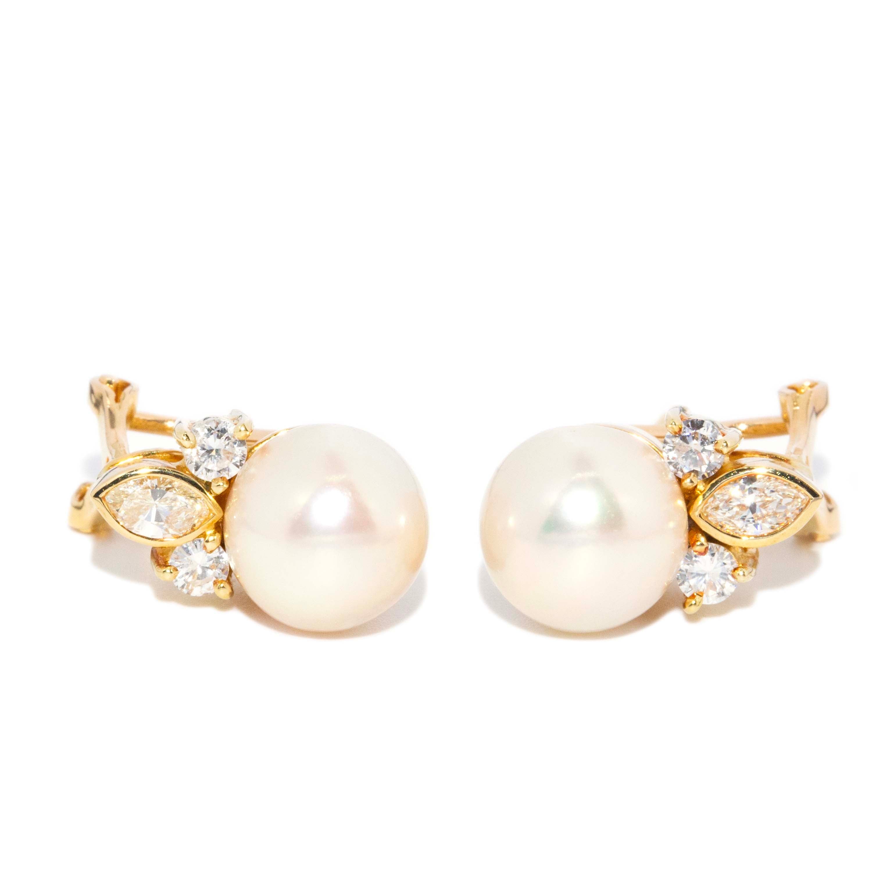 Ida 1980s Pearl & Diamond Earrings 18ct Gold Earrings Imperial Jewellery 