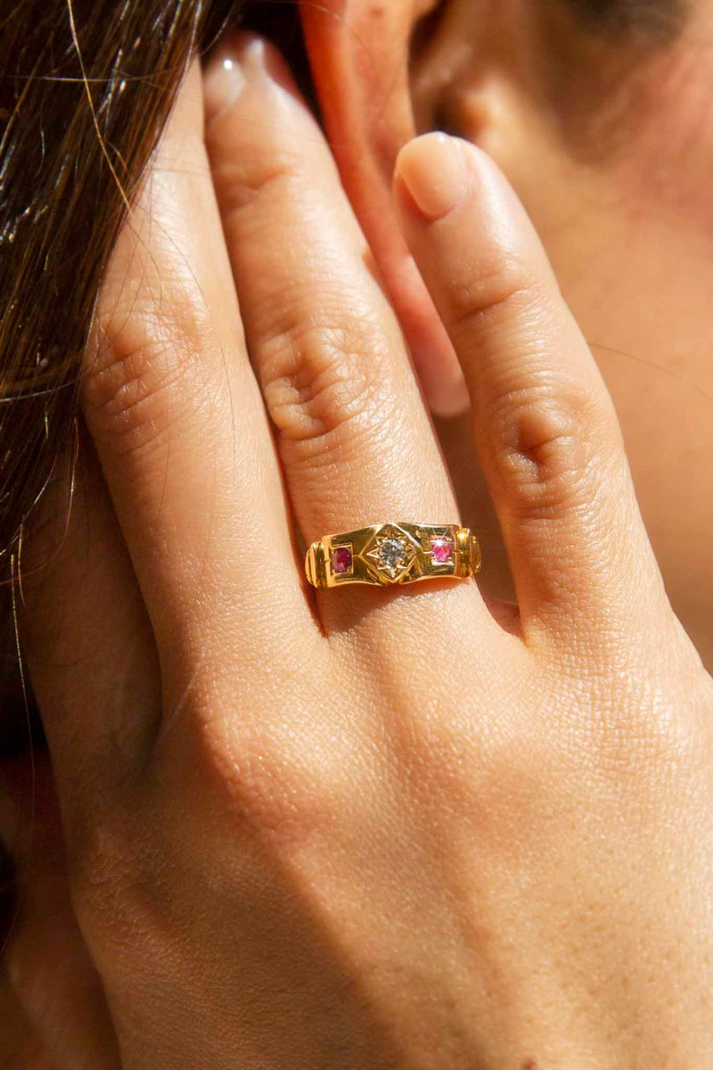 Imelda 1900s Old Europrean Cut Diamond & Ruby Ring 20ct Gold Rings Imperial Jewellery 