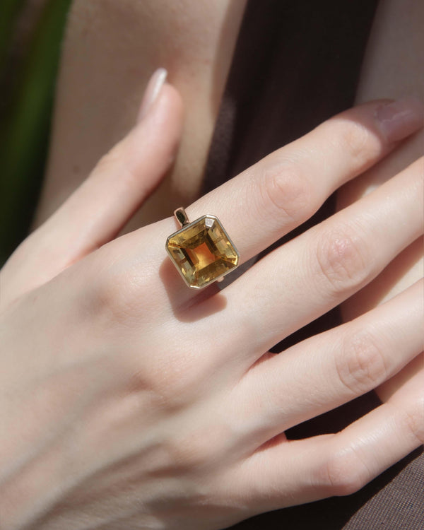 Vintage Circa 1980s Square Emerald Cut Citrine Ring 9 Carat Gold