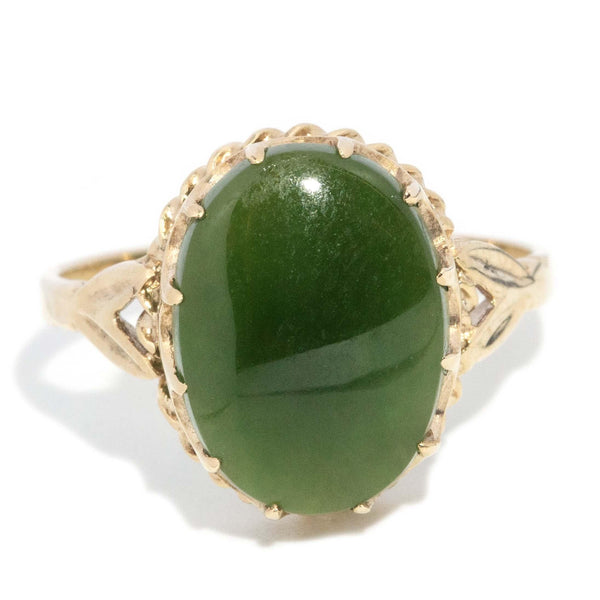Vintage Circa 1980s Jade Cabochon Ring 9 Carat Yellow Gold