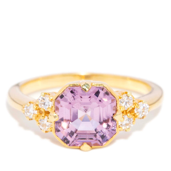 Isadora Asscher Cut Bright Light Purple Spinel & Diamond Ring 18ct Yellow Gold Rings Imperial Jewellery 