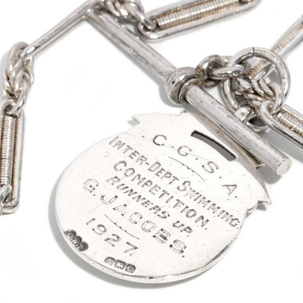 Vintage 1927 Sterling Silver Award Pendant & Toggle Bar Chain