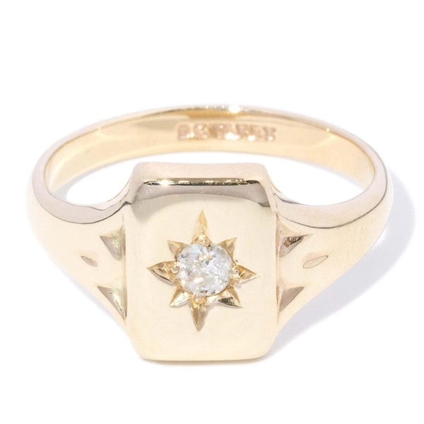 Vintage Circa 1940s Star Set Old Cut Diamond Signet Ring 9 Carat Gold