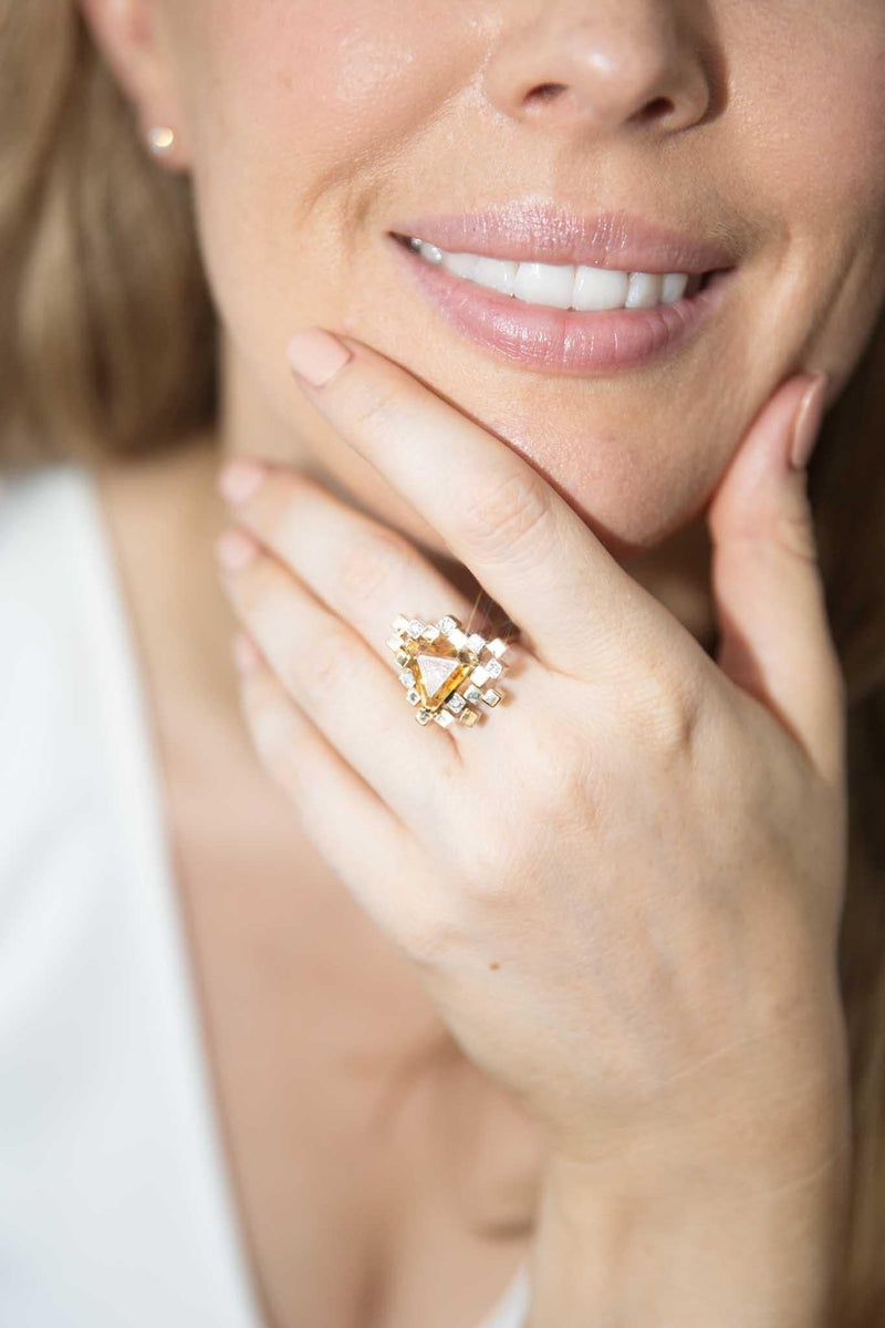 Janice 1970s Retro Citrine & Diamond Cluster Ring 18ct Gold