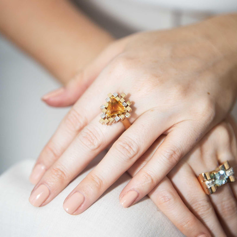 Janice 1970s Retro Citrine & Diamond Cluster Ring 18ct Gold