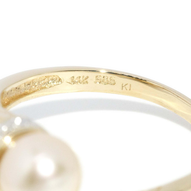 Vintage Circa 1980s Pearl & Diamond Bypass Ring 14 Carat Gold
