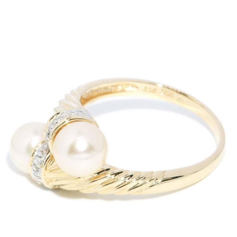 Vintage Circa 1980s Pearl & Diamond Bypass Ring 14 Carat Gold