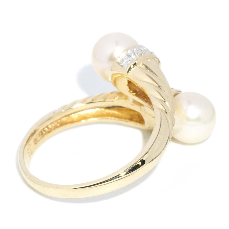 Vintage Circa 1980s Pearl & Diamond Bypass Ring 14 Carat Gold