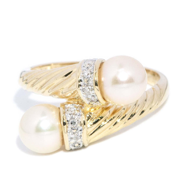 Vintage Circa 1980s Pearl & Diamond Bypass Ring 14 Carat Gold