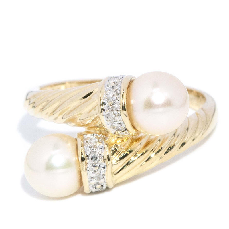 Vintage Circa 1980s Pearl & Diamond Bypass Ring 14 Carat Gold