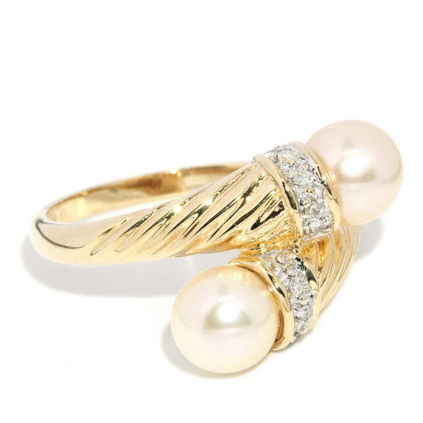 Vintage Circa 1980s Pearl & Diamond Bypass Ring 14 Carat Gold
