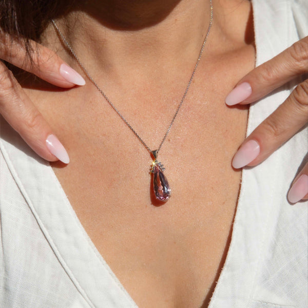 Jenna Contemporary Pear Cut Pink Morganite & Diamond Pendant 18ct White Gold Pendants/Necklaces Imperial Jewellery 