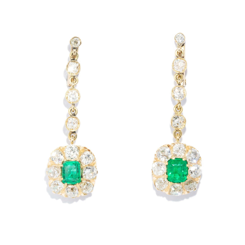 Antique Edwardian Emerald & Diamond Earrings 18 Carat Gold