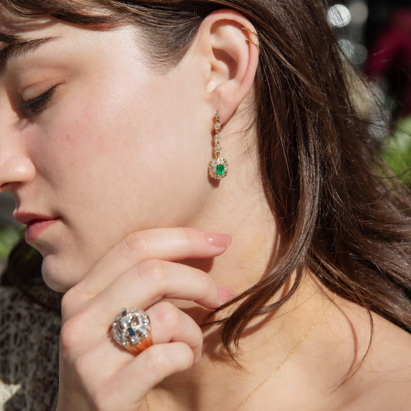 Antique Edwardian Emerald & Diamond Earrings 18 Carat Gold