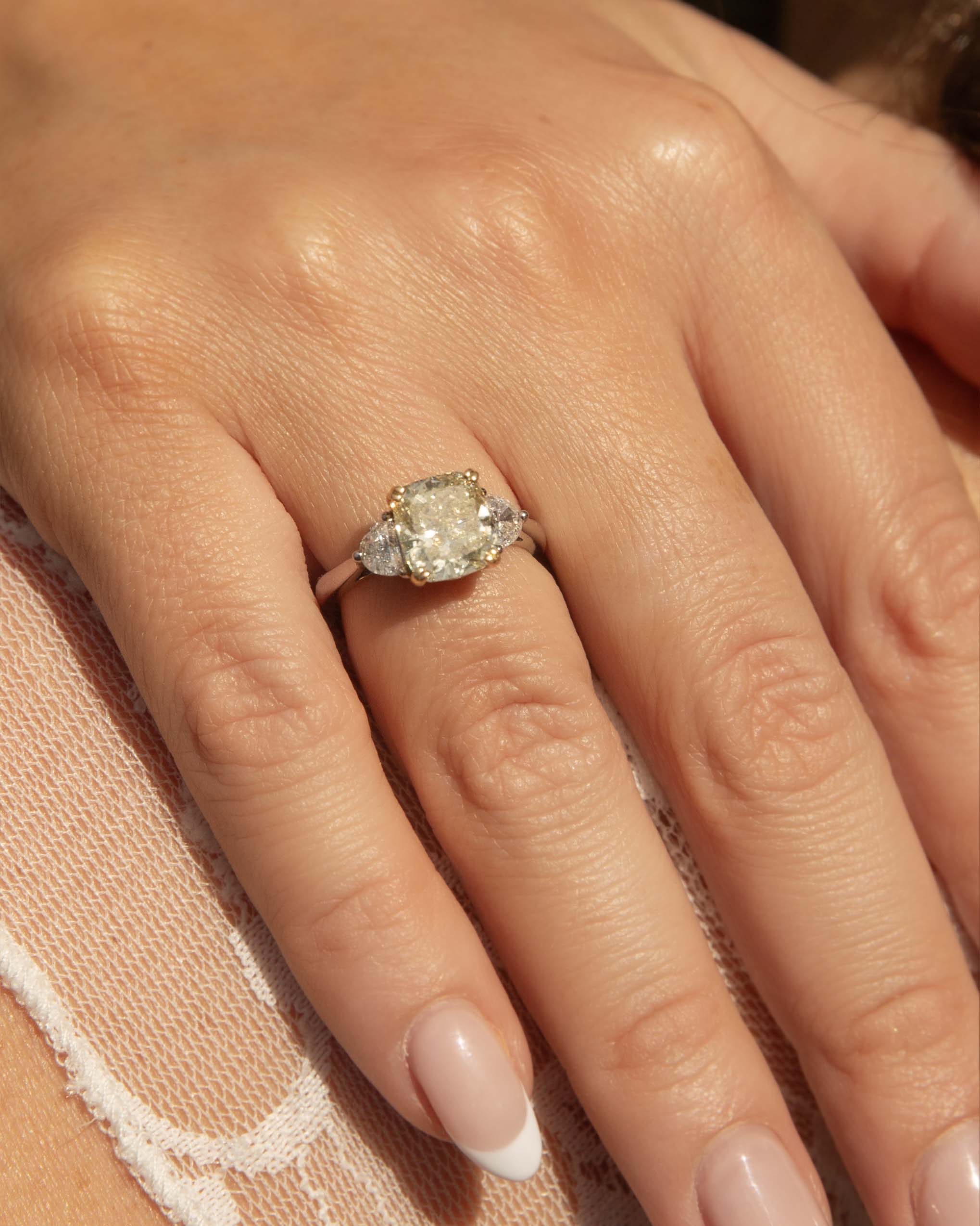 Jessica Cushion Cut Yellow & Half Moon Diamond Ring 18ct White Gold Rings Imperial Jewellery 