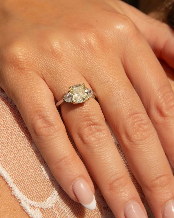 Jessica Cushion Cut Yellow & Half Moon Diamond Ring 18ct White Gold Rings Imperial Jewellery 