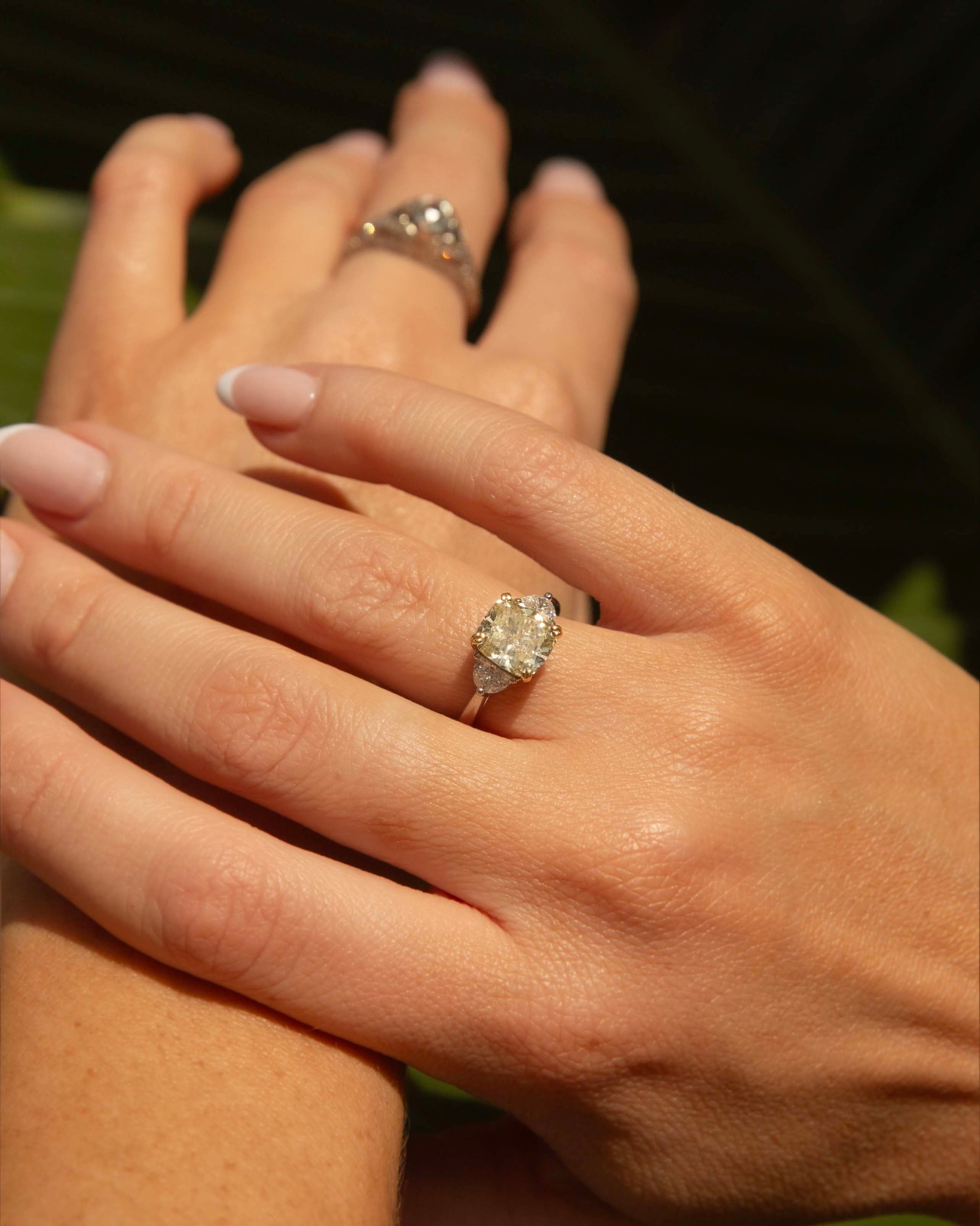 Jessica Cushion Cut Yellow & Half Moon Diamond Ring 18ct White Gold Rings Imperial Jewellery 