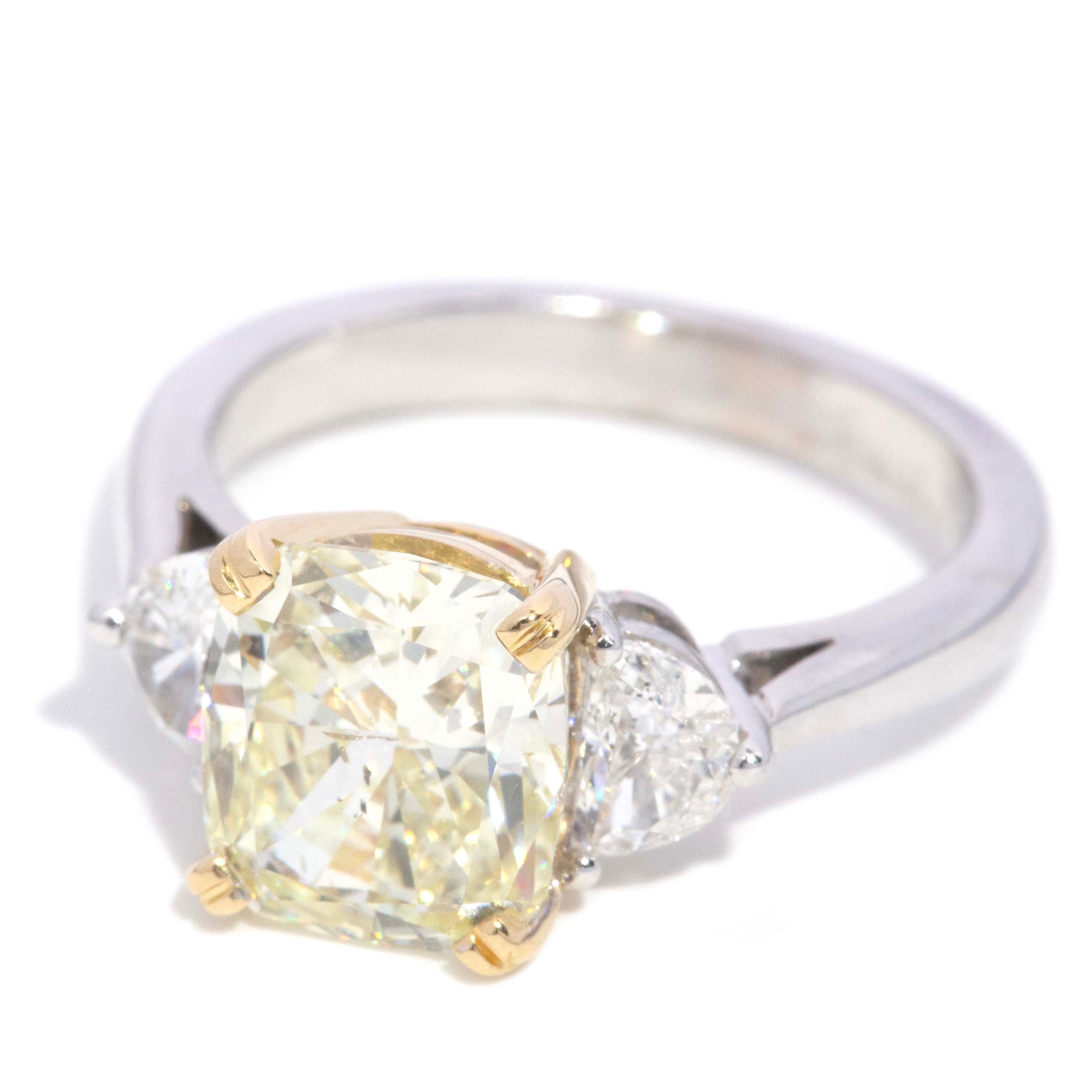 Jessica Cushion Cut Yellow & Half Moon Diamond Ring 18ct White Gold Rings Imperial Jewellery 