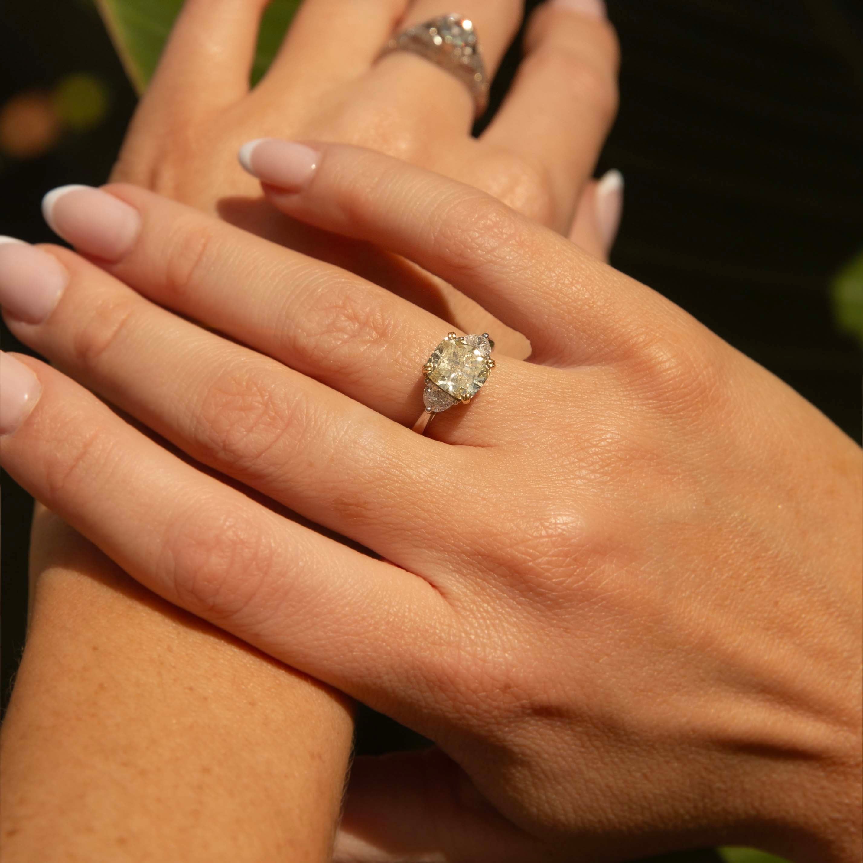 Jessica Cushion Cut Yellow & Half Moon Diamond Ring 18ct White Gold Rings Imperial Jewellery 