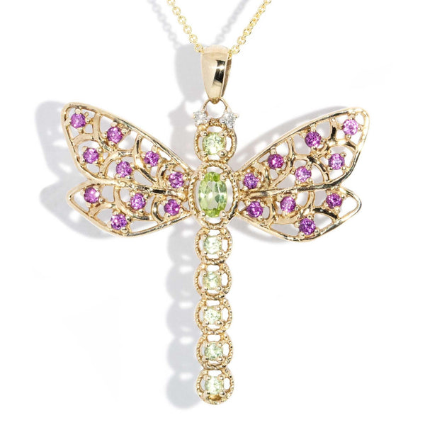 Vintage 1990s Diamond Rhodolite Tourmaline Dragon Fly Pendant 9 Carat Gold
