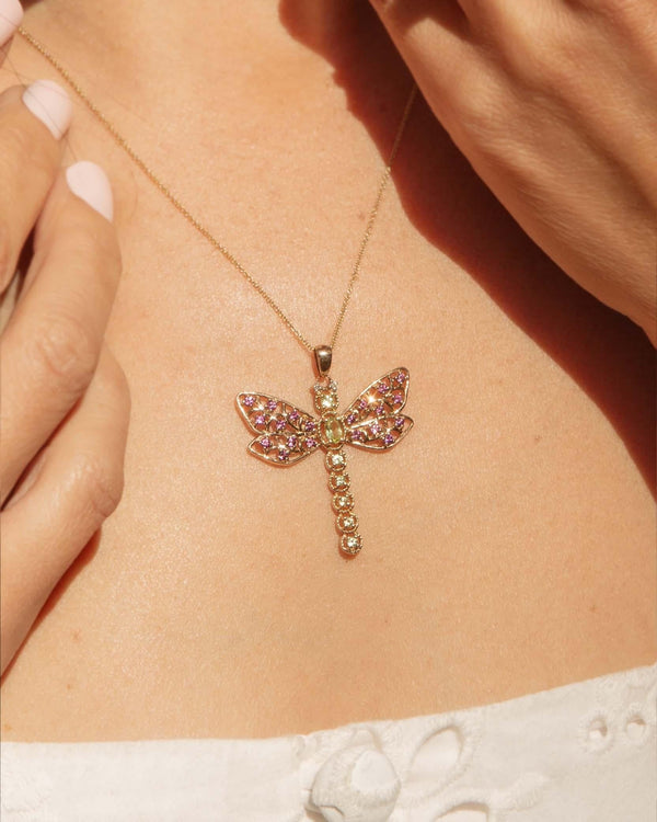 Vintage 1990s Diamond Rhodolite Tourmaline Dragon Fly Pendant 9 Carat Gold
