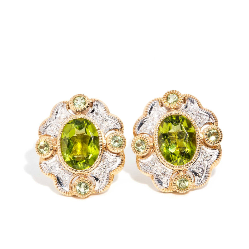 Josephine Peridot & DIamond Cluster Earrings 9 Carat Gold* DRAFT Rings Imperial Jewellery 