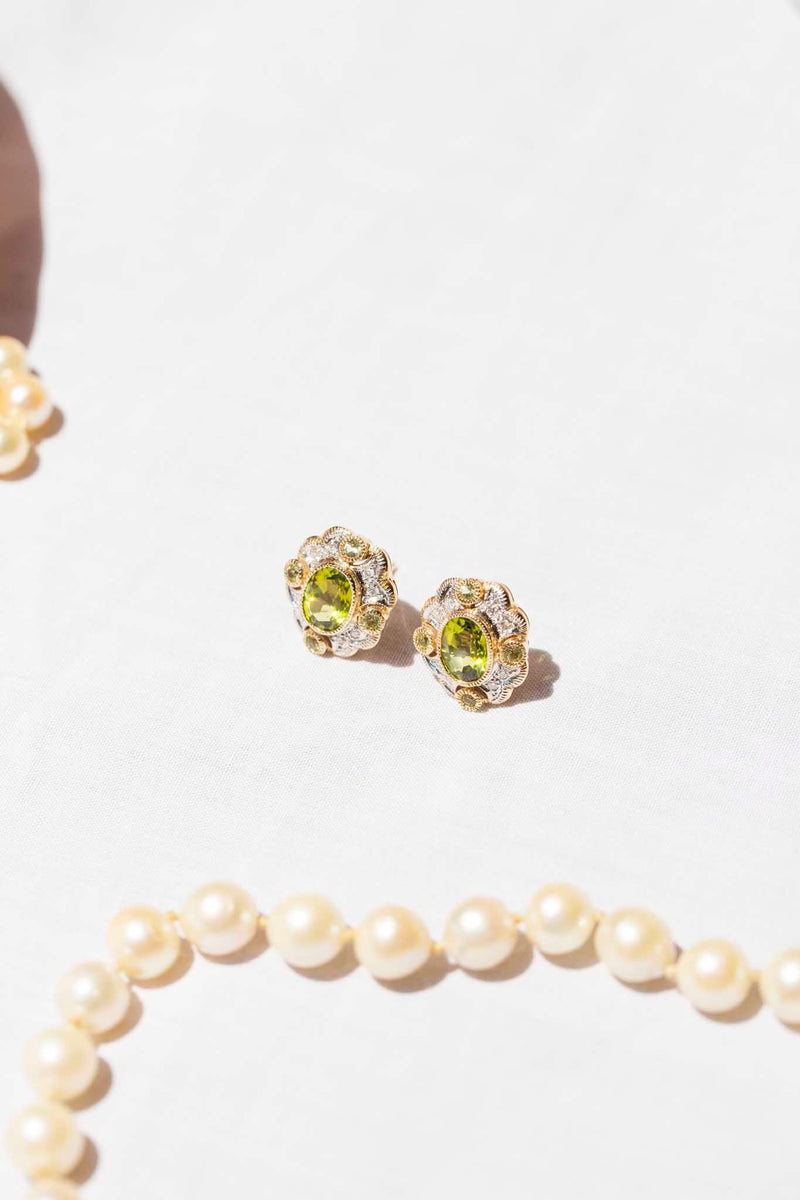 Josephine Peridot & DIamond Cluster Earrings 9 Carat Gold Earrings Imperial Jewellery 