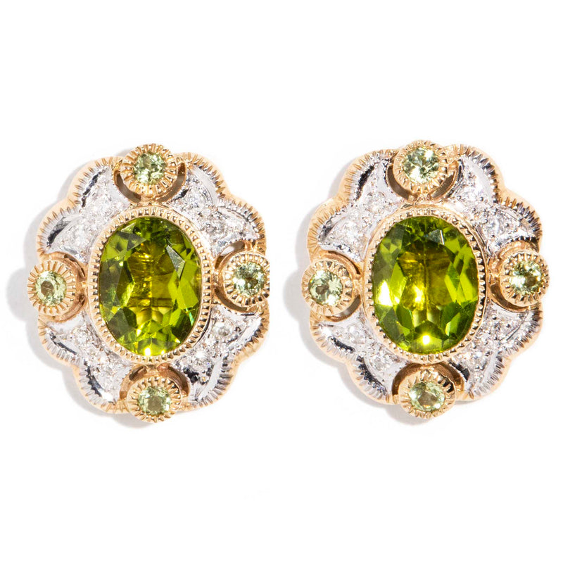 Josephine Peridot & DIamond Cluster Earrings 9 Carat Gold Earrings Imperial Jewellery 