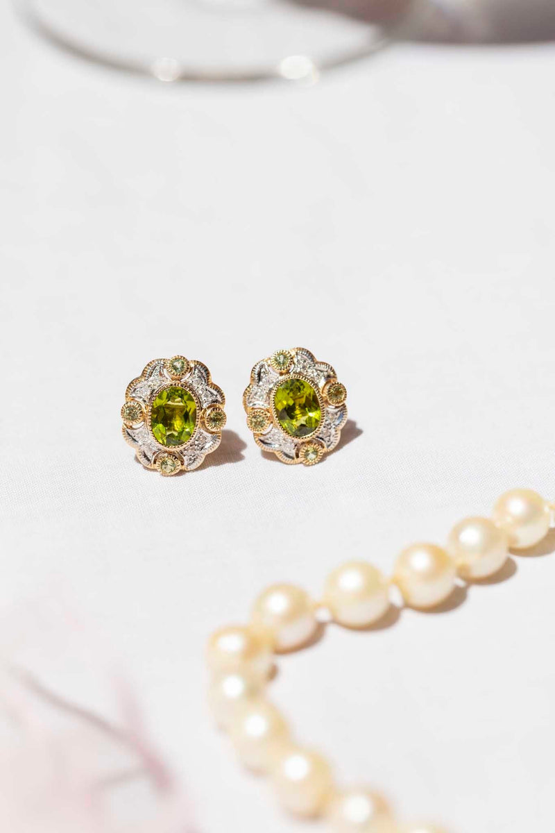 Josephine Peridot & DIamond Cluster Earrings 9 Carat Gold Earrings Imperial Jewellery 