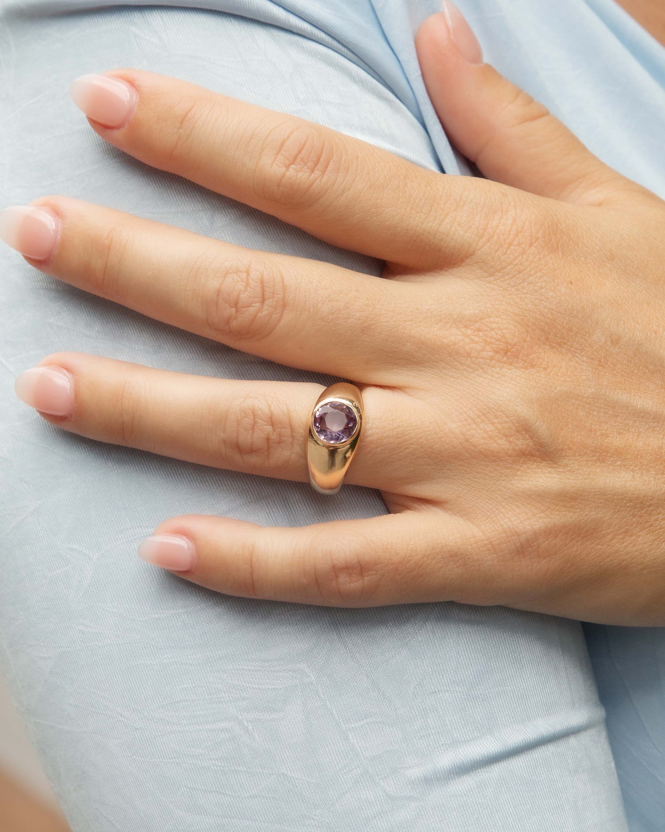 Jude 1950s Flush Set Amethyst Domed Ring 18ct Gold Rings Imperial Jewellery 