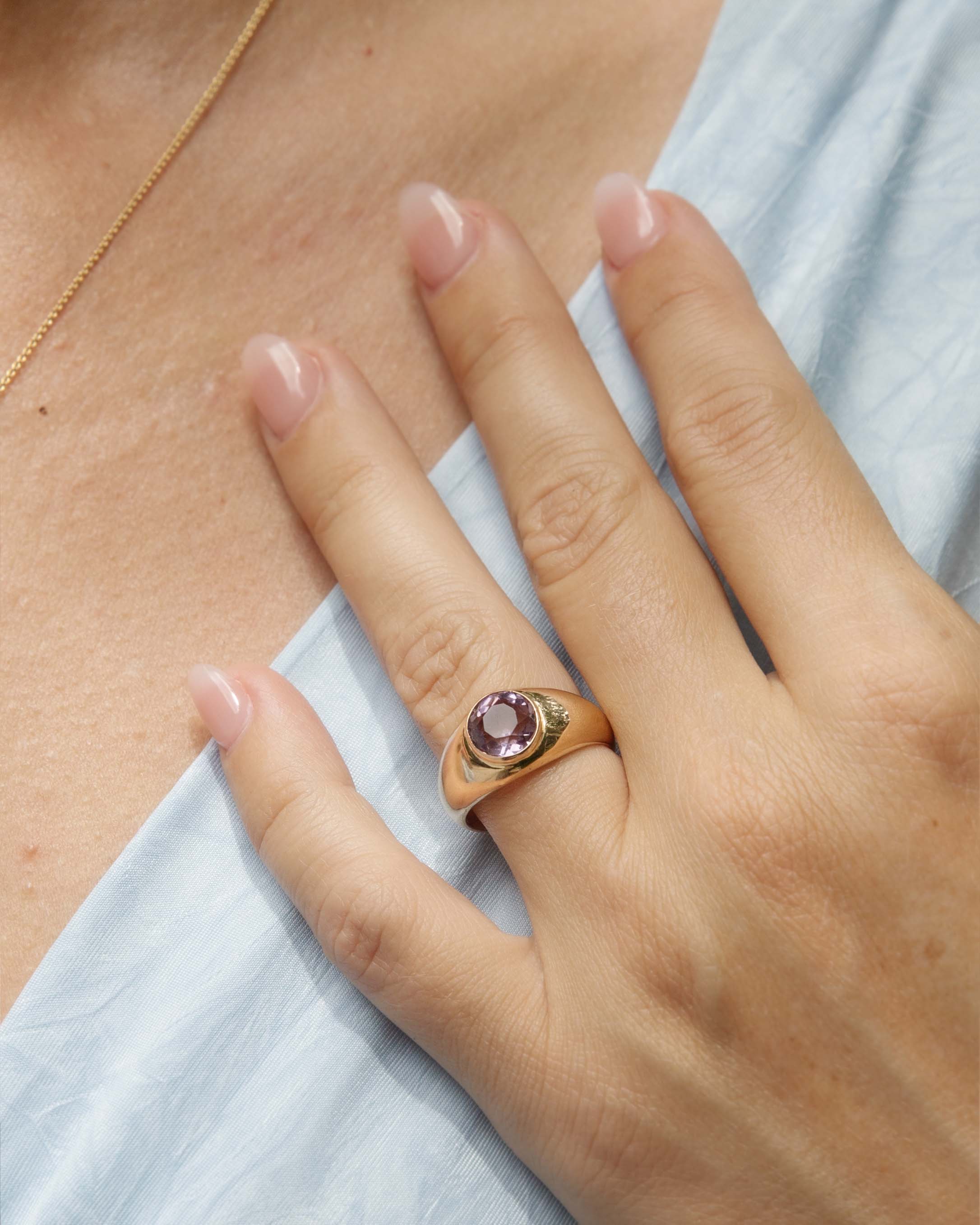 Jude 1950s Flush Set Amethyst Domed Ring 18ct Gold Rings Imperial Jewellery 
