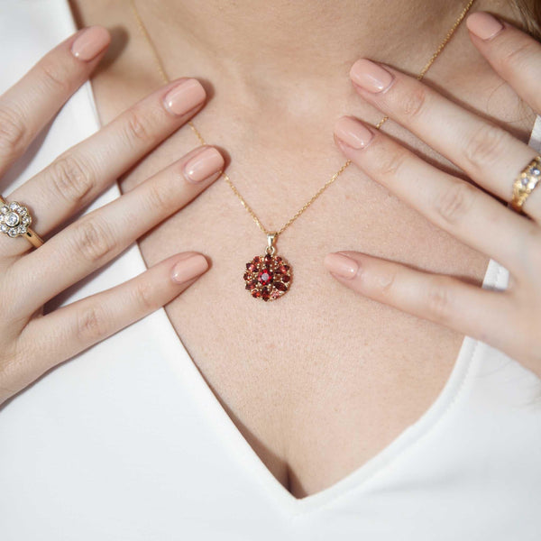 Julia 1990s Garnet Cluster Pendant & Chain 9ct Gold