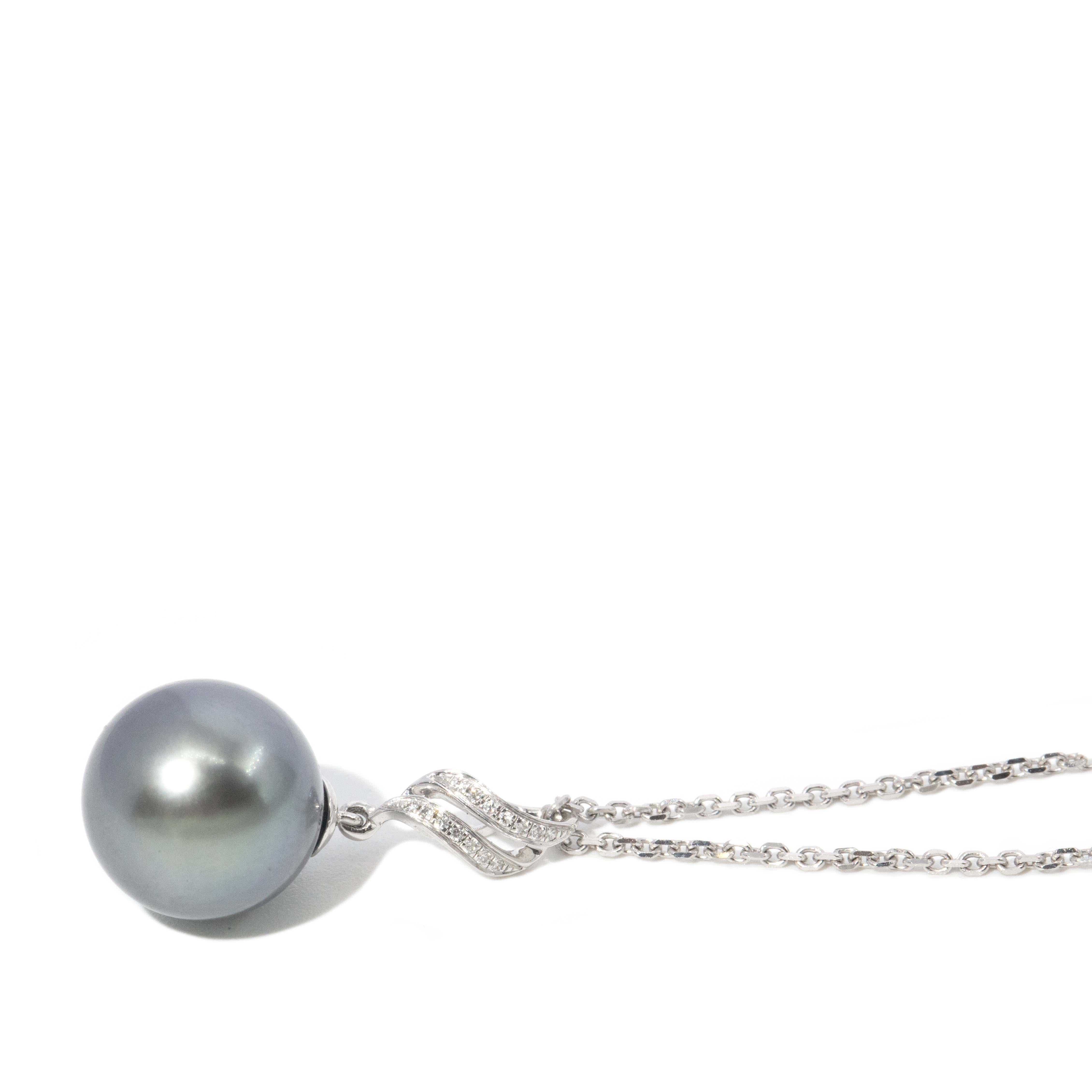 Contemporary Tahitian Pearl & Diamond Pendant & Chain 18 Carat White Gold