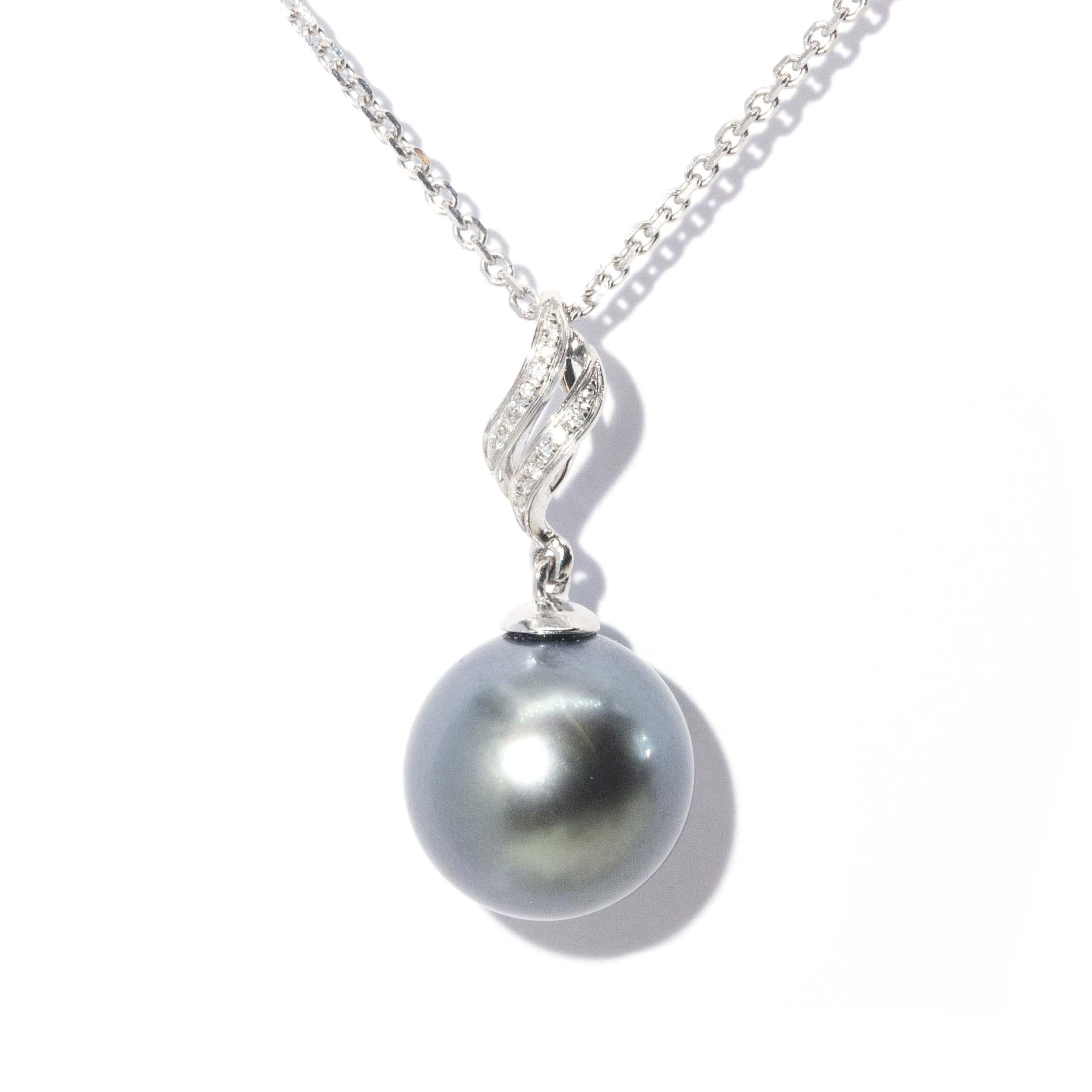 Contemporary Tahitian Pearl & Diamond Pendant & Chain 18 Carat White Gold