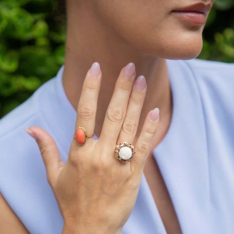 Vintage Circa 1960s Coral Cabochon Ring 18 Carat Yellow Gold