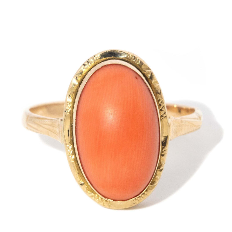 Vintage Circa 1960s Coral Cabochon Ring 18 Carat Yellow Gold