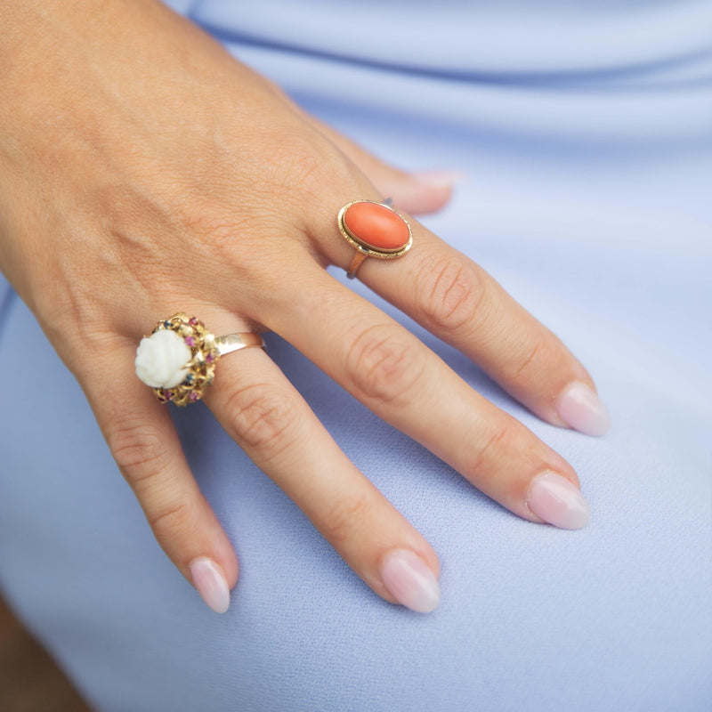 Vintage Circa 1960s Coral Cabochon Ring 18 Carat Yellow Gold
